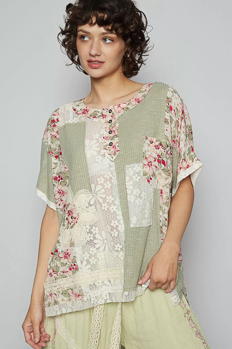 Lace Floral Pattern Top with Patch Detail