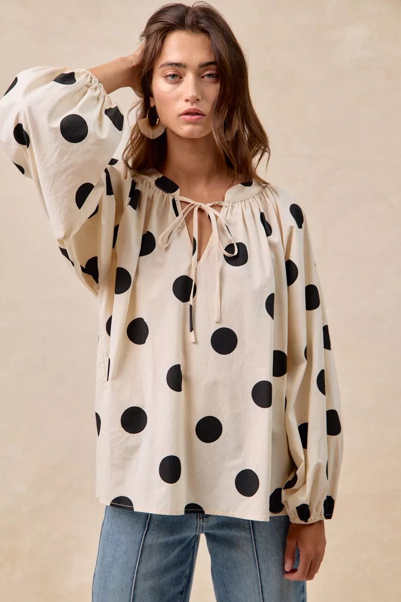 Polka Dot Balloon Sleeves Blouse