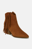 Suede fringe point toe ankle boots in brown, showcasing a stylish bohemian flair and sophisticated design.