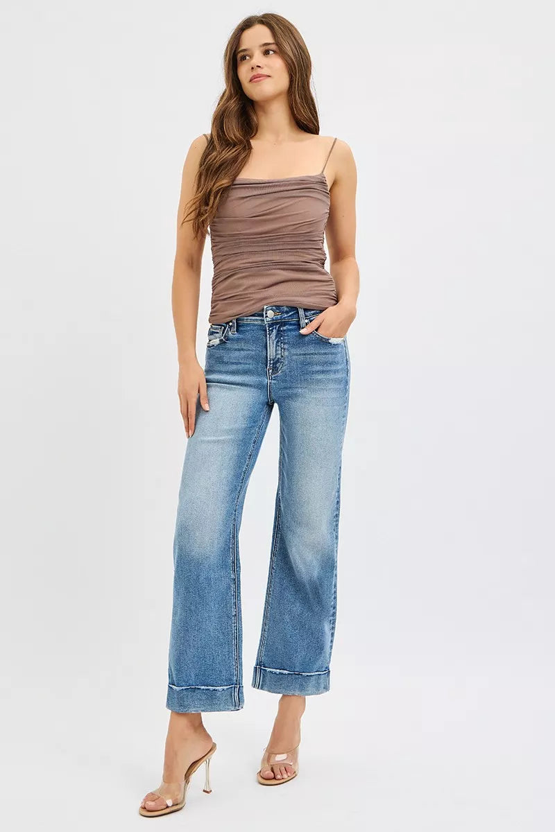 Mid Rise Crop Straight Jeans w/ Taylor Cuff