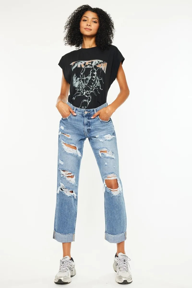 Mid Rise Distressed Boyfriend Fit Jeans