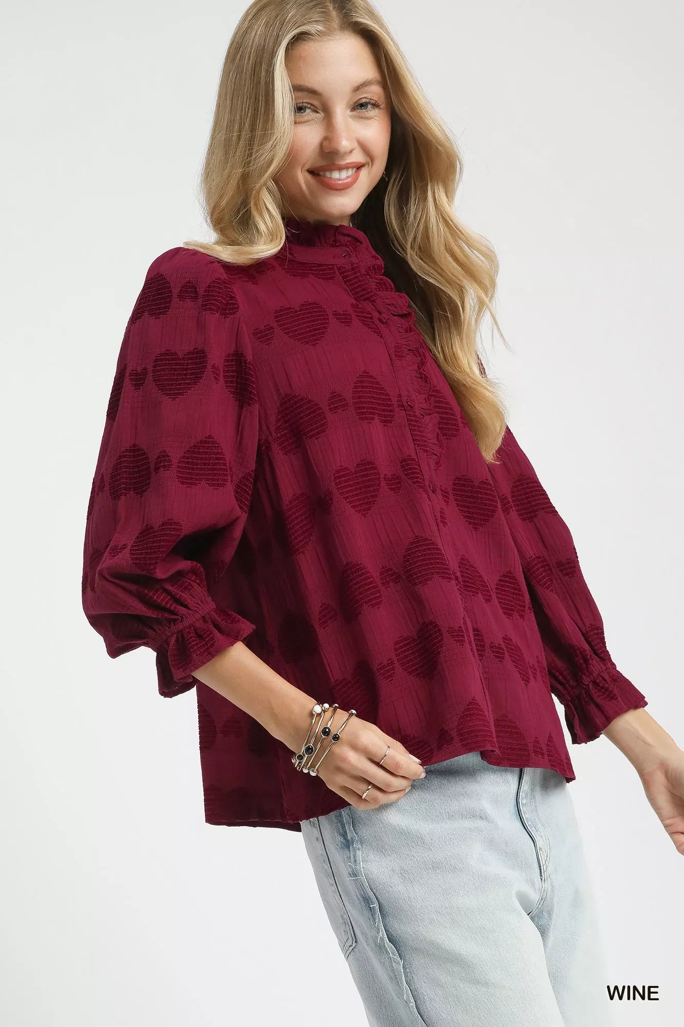 Heart Jacquard Ruffle Trim Shirt