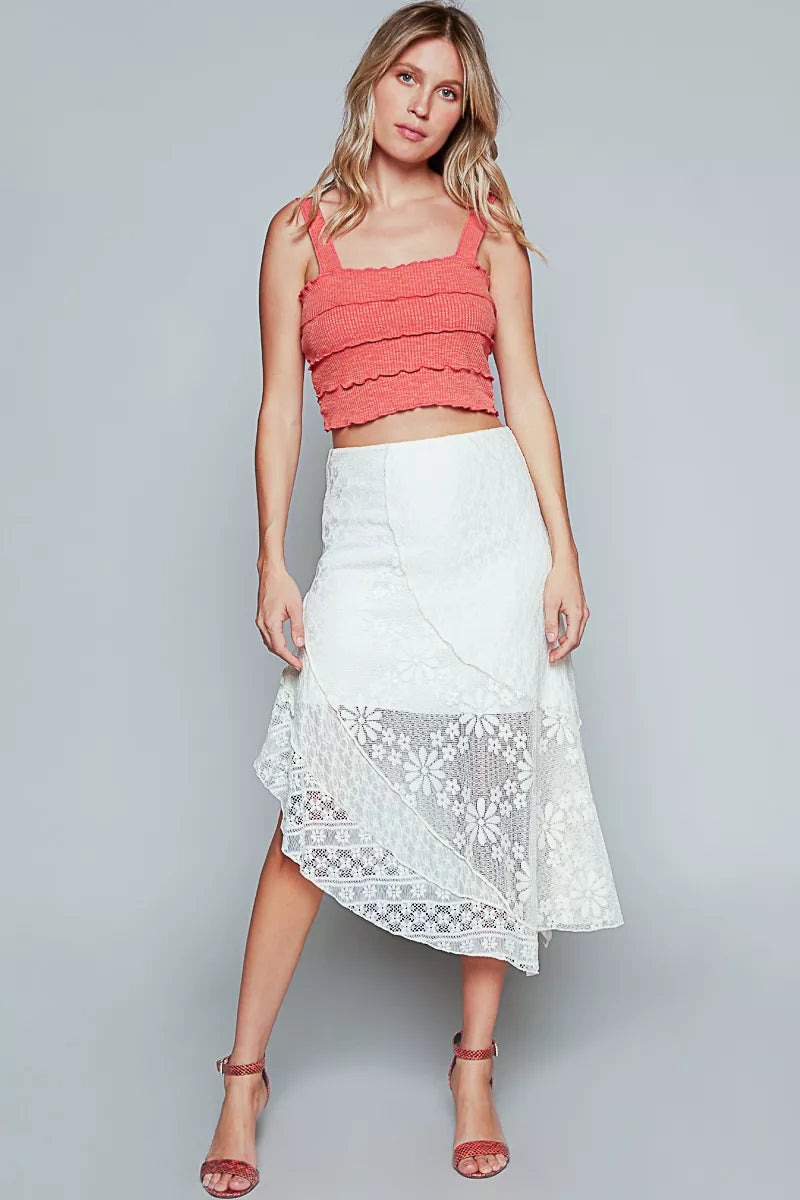 POL Ruffled Floral Lace Skirt with Unbalanced Hem