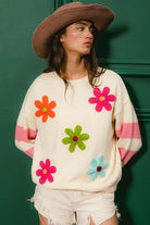 BiBi Colorful Floral Patched Sweater with Striped Sleeve