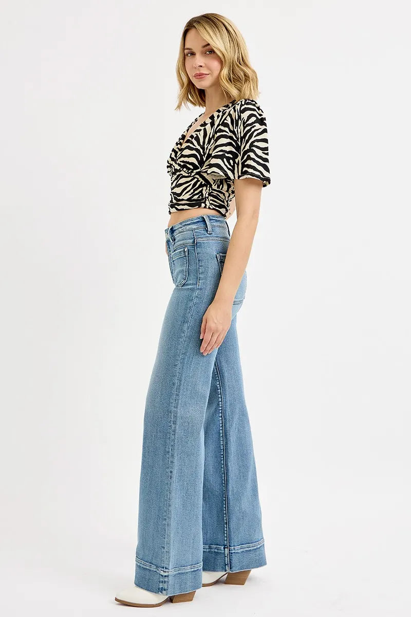 High Rise Wide Flare Patch Pocket Jeans