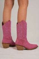 Pink rhinestone detail point toe boots with a chic silhouette and stylish wooden heel. Perfect for glamorous outfits.