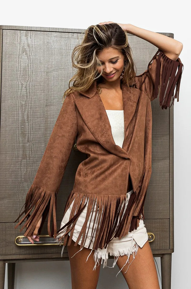 Faux Suede Blazer with Fringed Hem