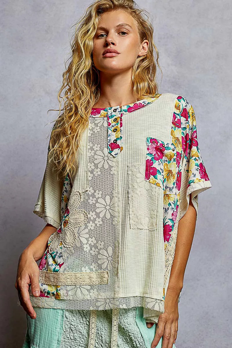 Lace Floral Pattern Top with Patch Detail