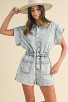 Annie Wear Elastic Waistband Short Sleeve Denim Romper