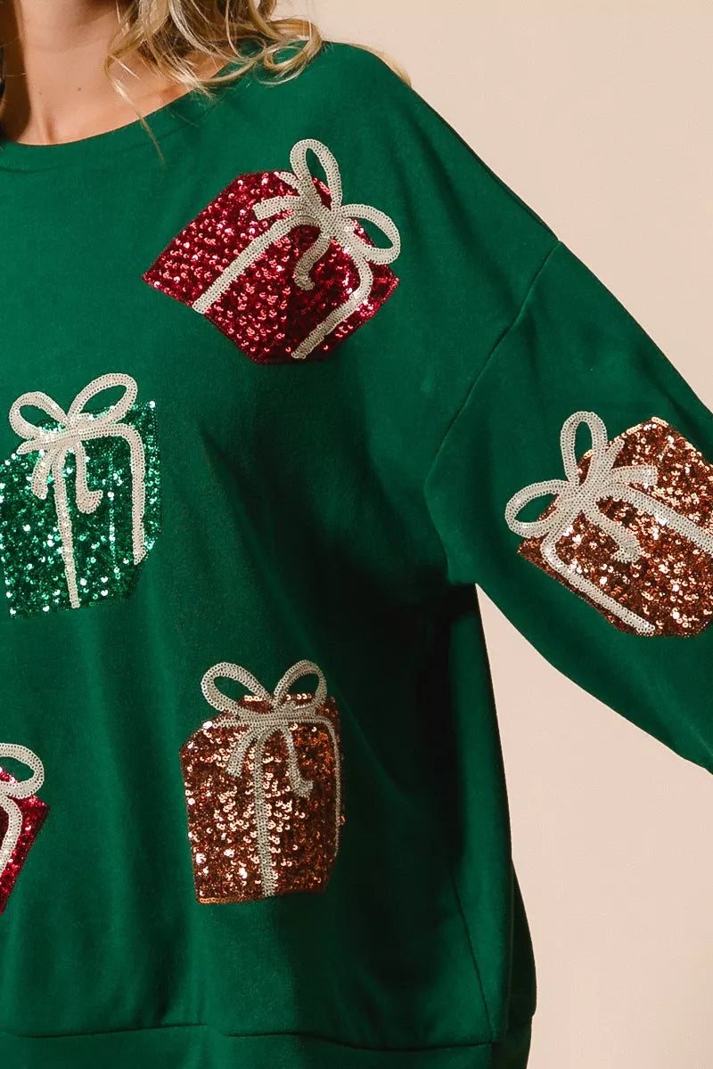 Sequin Christmas Gift Box Sweater