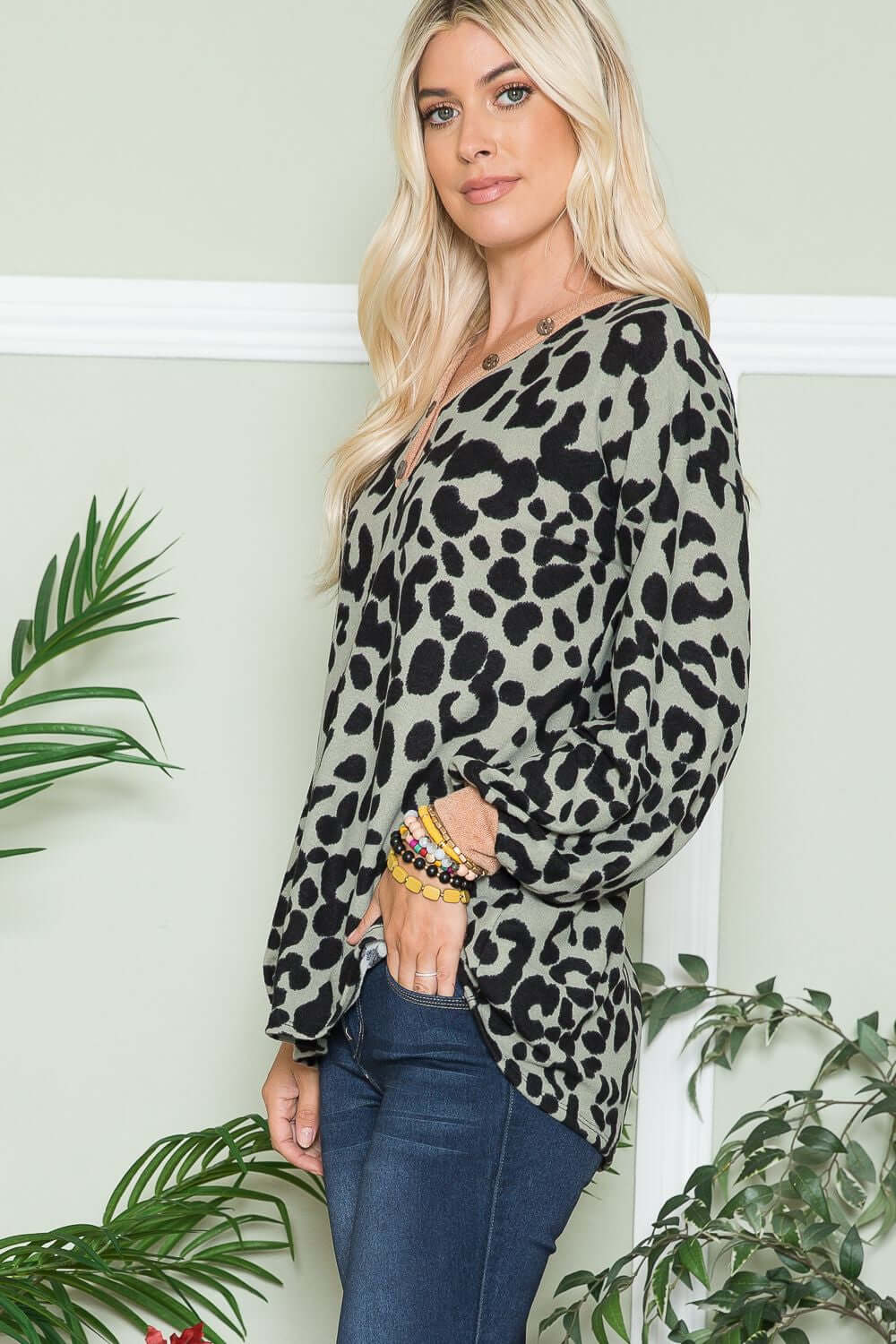 Leopard V-Neck Long Sleeve Blouse