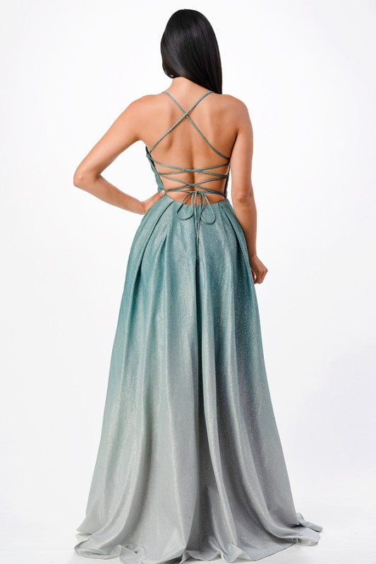 Spaghetti Strap Open Back Floor-Length Gown