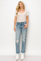 High Rise Distressed Straight Jeans