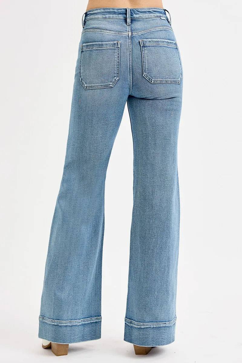 High Rise Wide Flare Patch Pocket Jeans