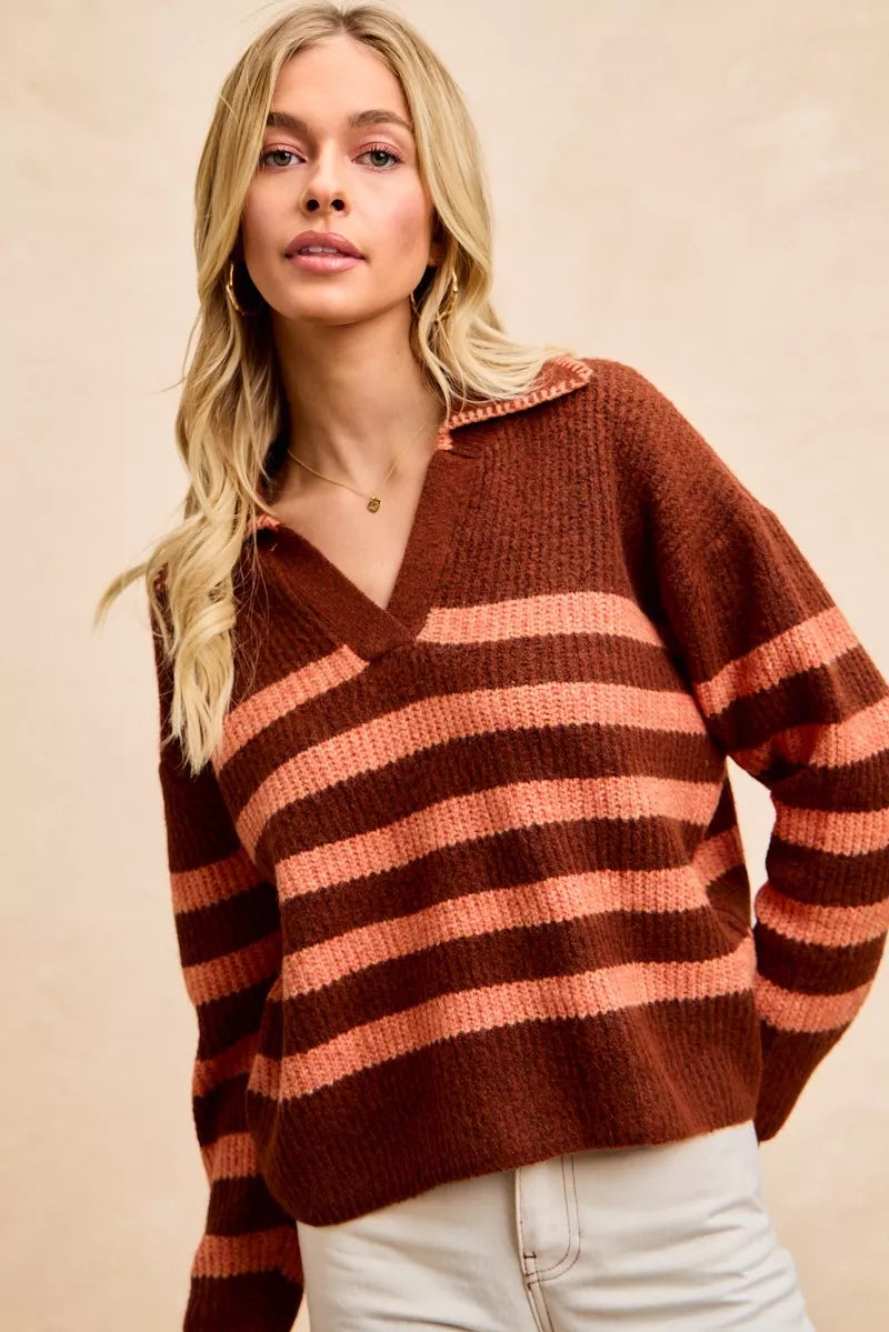 BiBi Striped Sweater Top with Collar Stitched Details