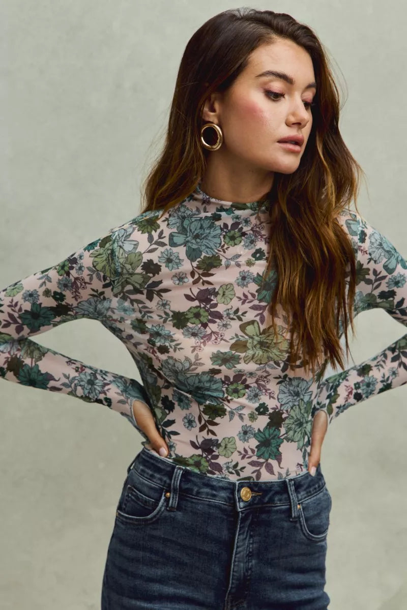SO ME Floral Print Mesh Knit Long Sleeves Top