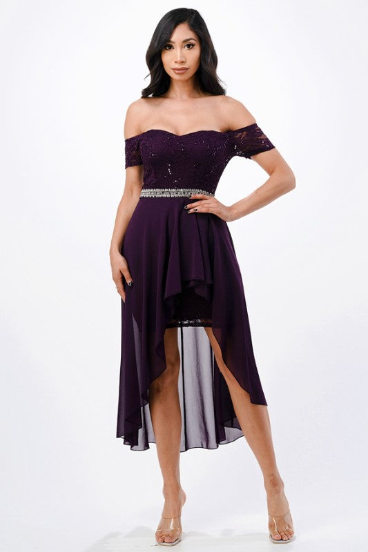 Embellished Waist High-Low Cocktail Dress