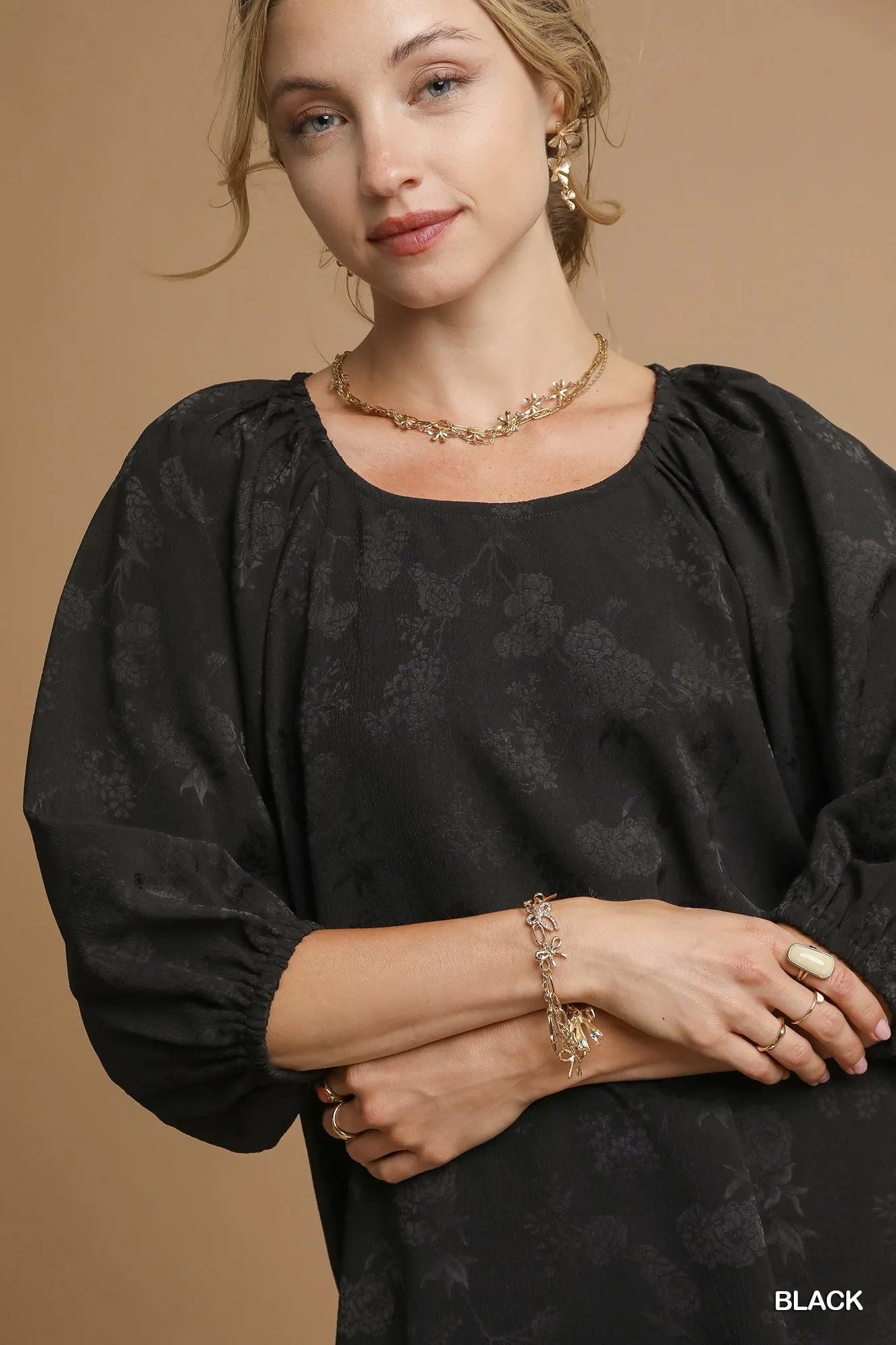 Satin Jacquard Balloon Sleeve Blouse