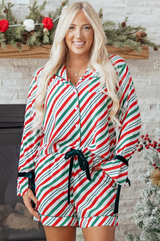 Christmas Stripe Velvet Bow Pajama Set