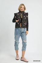 Umgee Ruffled Quilted Floral Snap Down Vest