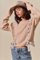 Plaid Tape Lace Up Ribbed Sweater