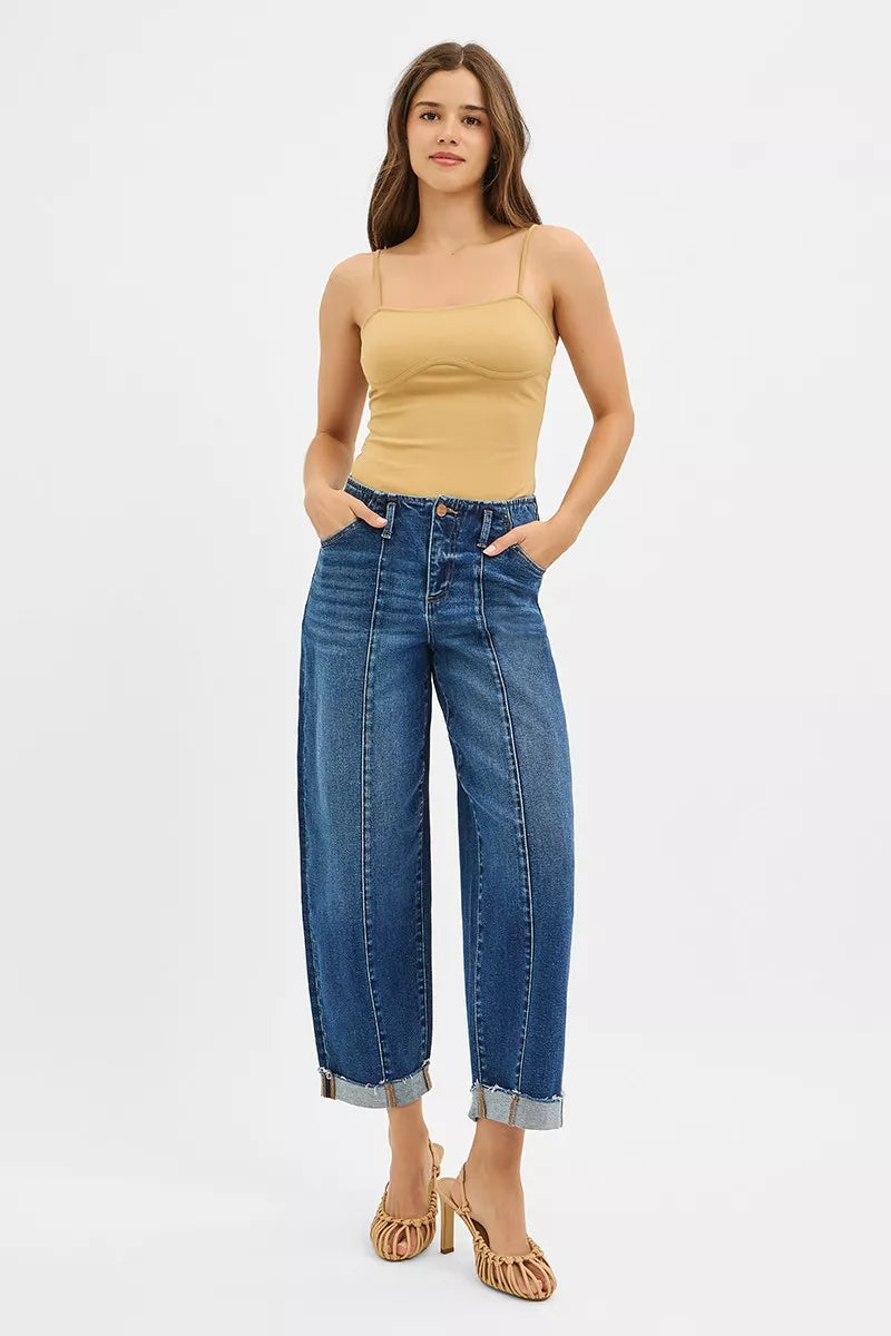 High Rise Fit Barrel Cuffed Jeans