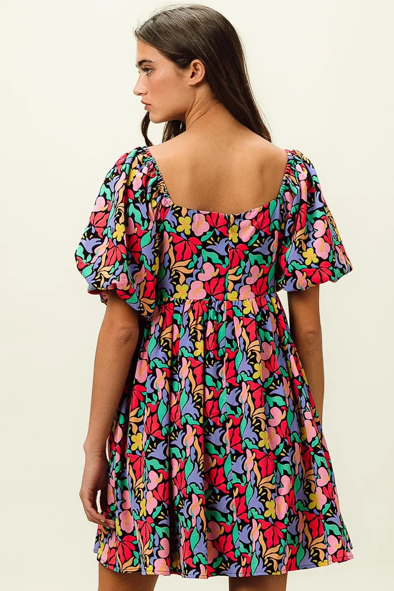 BiBi Floral Print Puff Square Neck Dress