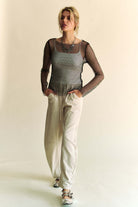 Sparkling Rhinestone Sheer Mesh Round Neck Top