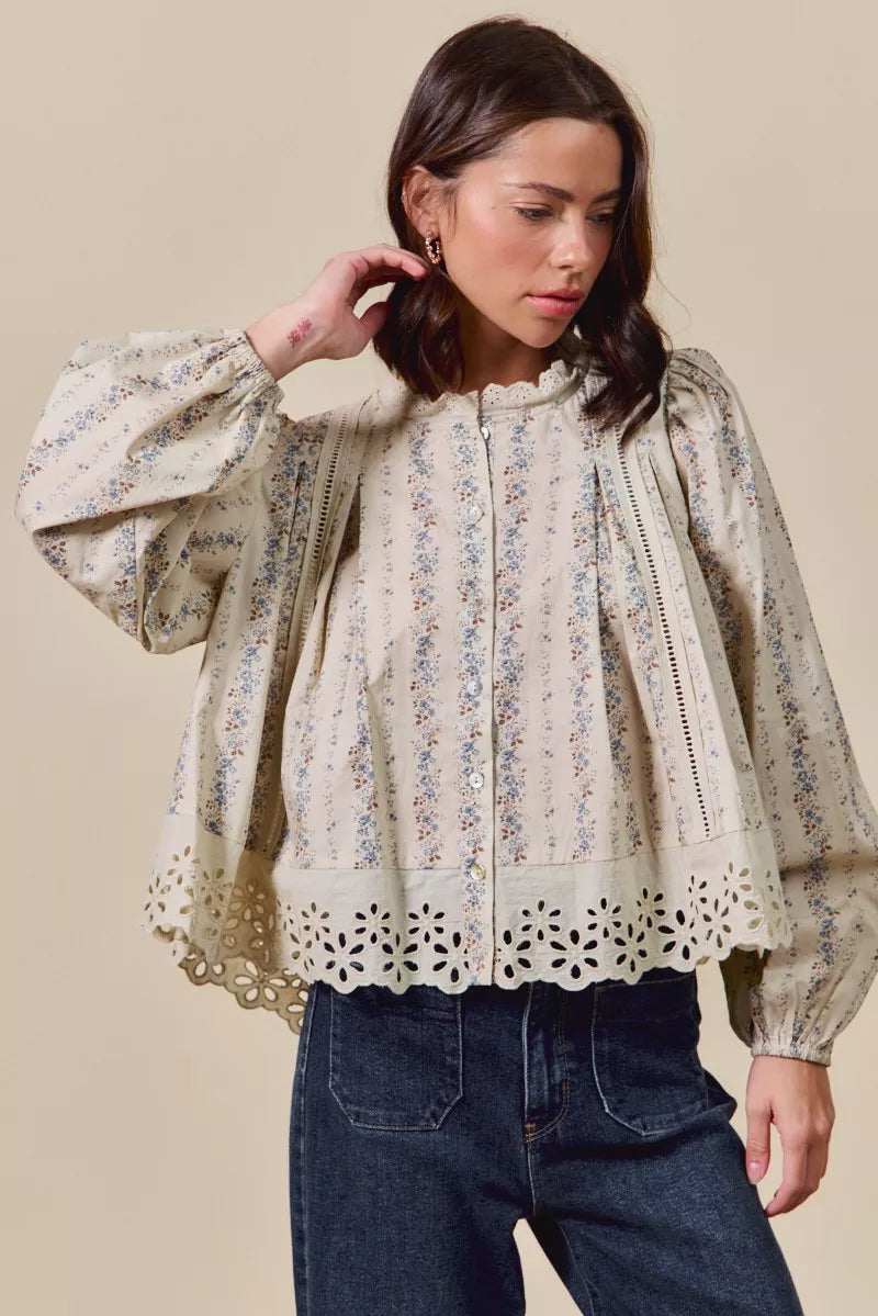 Floral Print Lace Button Down Shirt