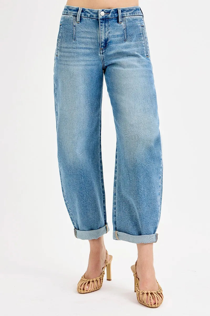 Mid Rise Barrel Roll Up Jeans