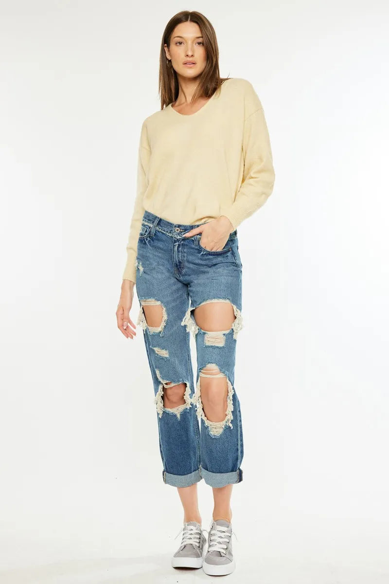 Distressed Mid Rise True Boyfriend Jeans