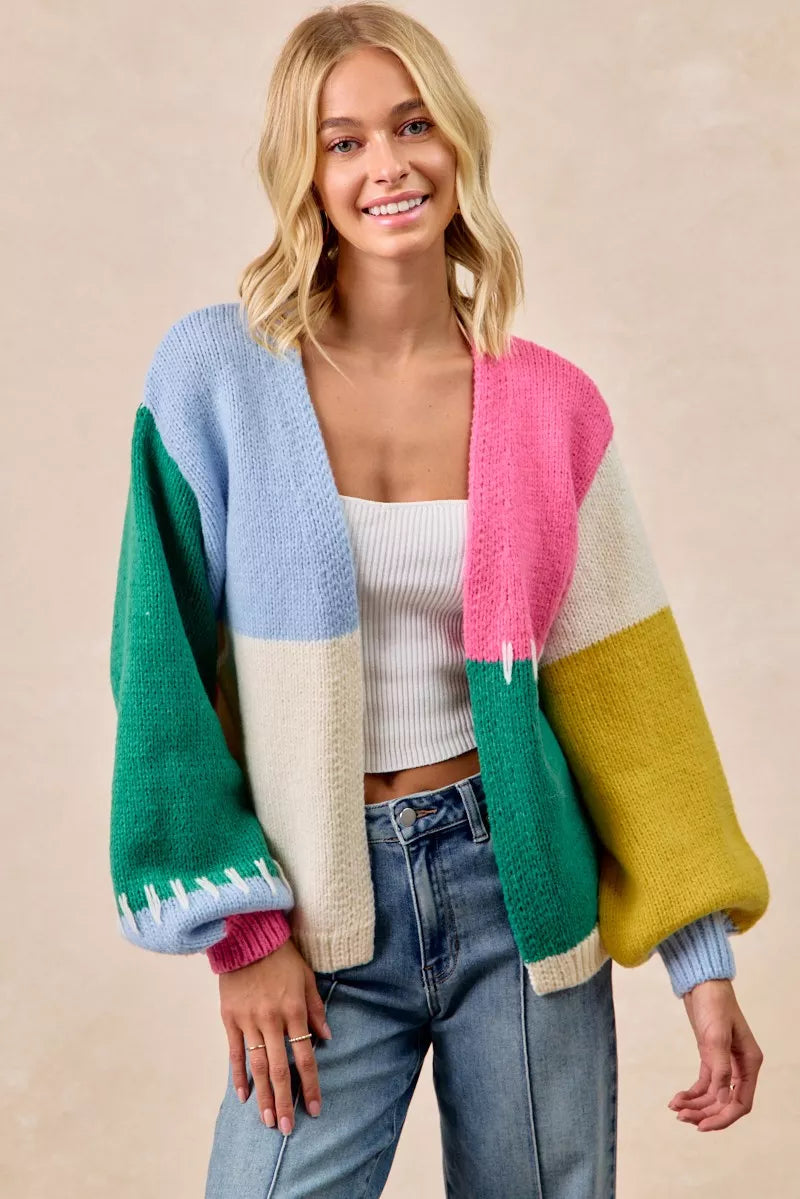 Color Block Open Front Cardigan
