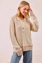 Half Button Ribbed Two Tone Sweater