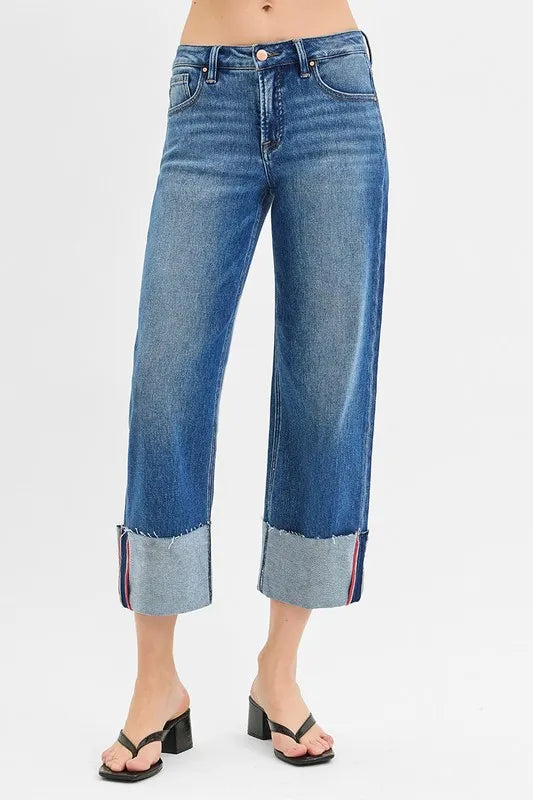 Tummy Control Mid Rise Wide Cuffed Jeans