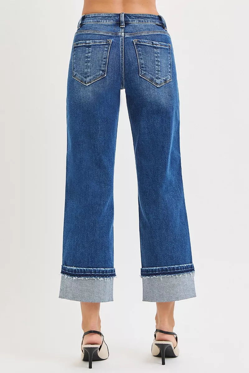 RISEN Mid Rise Ankle Straight Jeans with Cuffed Hem
