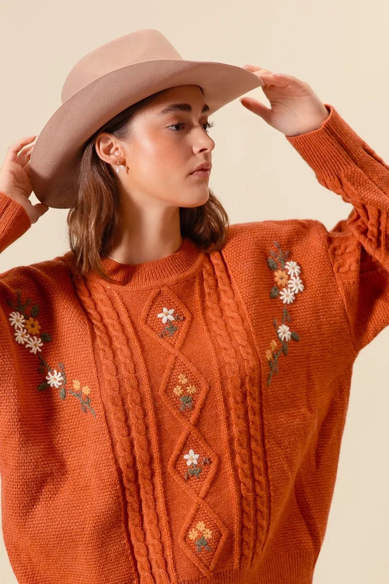 Embroidered Flower Cable Knitted Sweater
