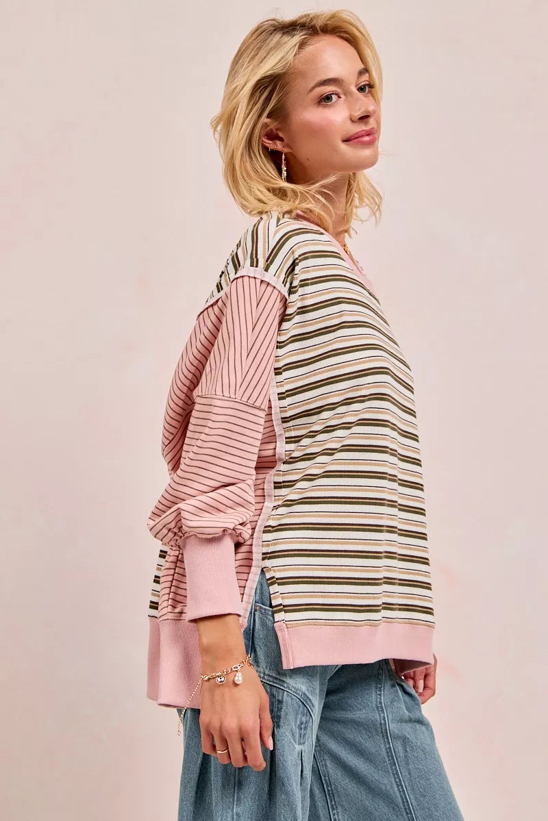 Striped Top With Cut Edge And Reverse Outseam