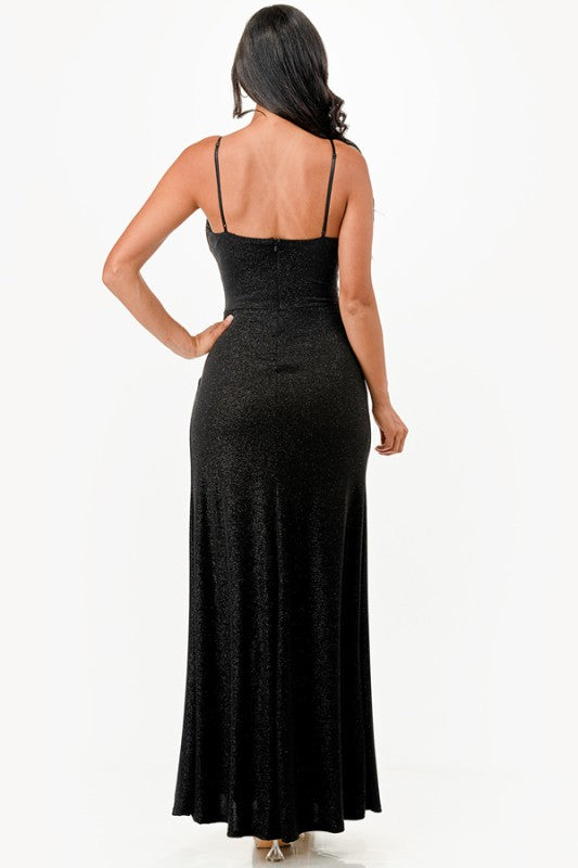 Fitted Glitter Side Pleat Formal Gown