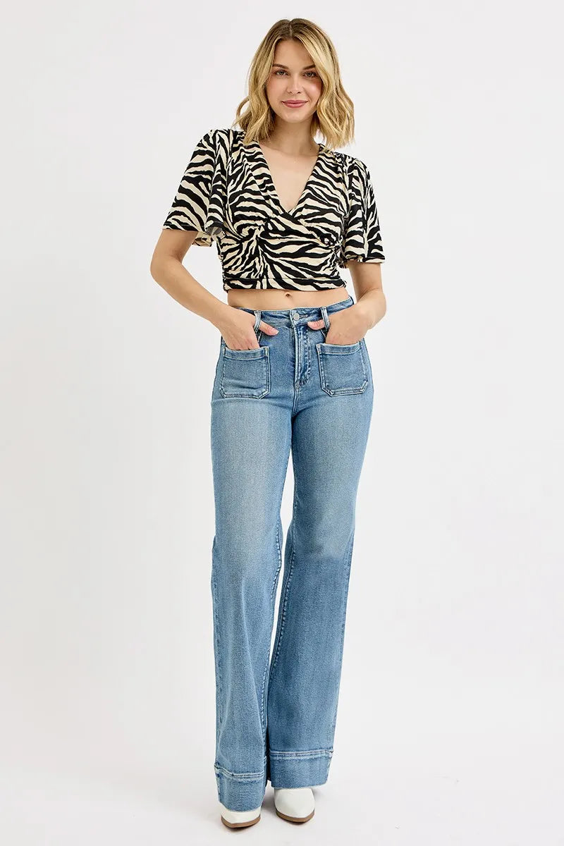 High Rise Wide Flare Patch Pocket Jeans