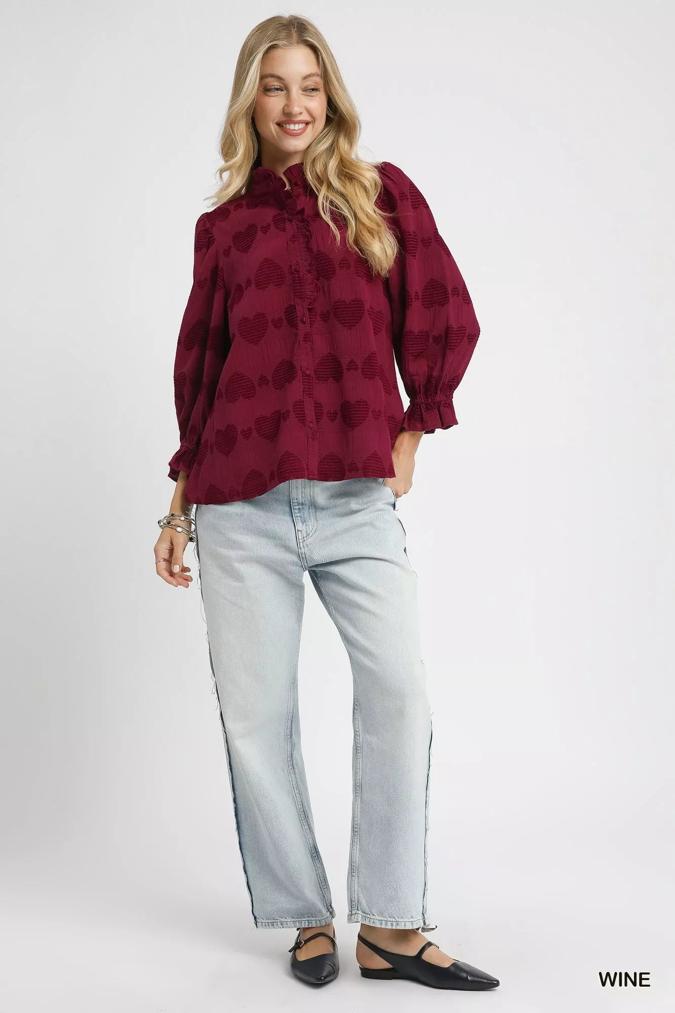 Heart Jacquard Ruffle Trim Shirt