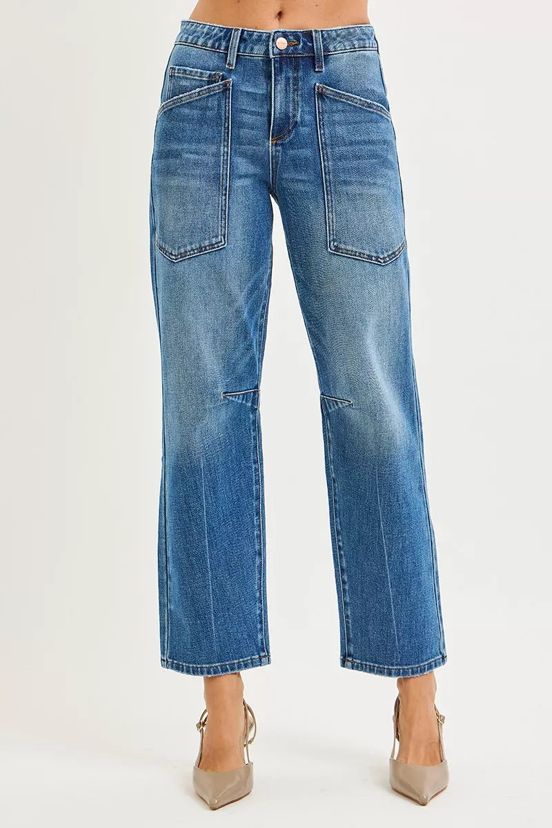 4 Way Stretch Mid Rise Barrel Jeans