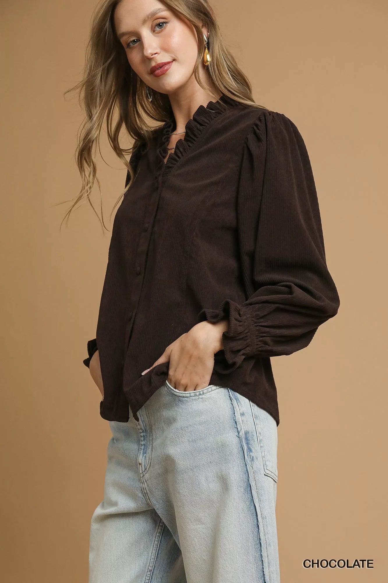 Corduroy Ruffle Shirt with Long Puff Sleeves
