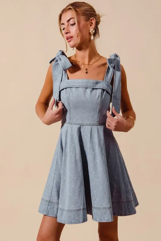 Fit and Flare Diamond Bow Ribbon Denim Dress