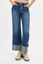 High Rise Crop Wide Straight Cuffed Jeans