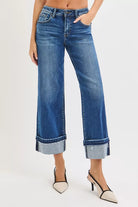 RISEN Mid Rise Ankle Straight Jeans with Cuffed Hem