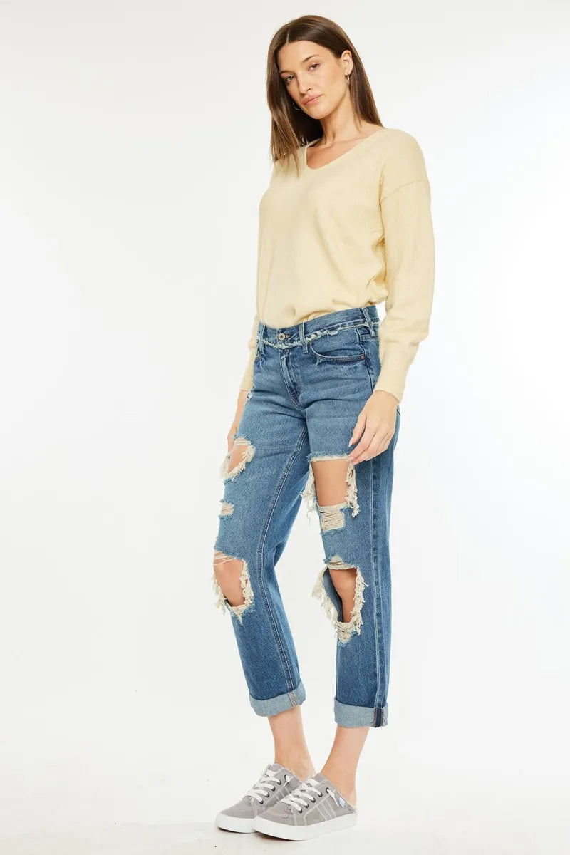 Distressed Mid Rise True Boyfriend Jeans