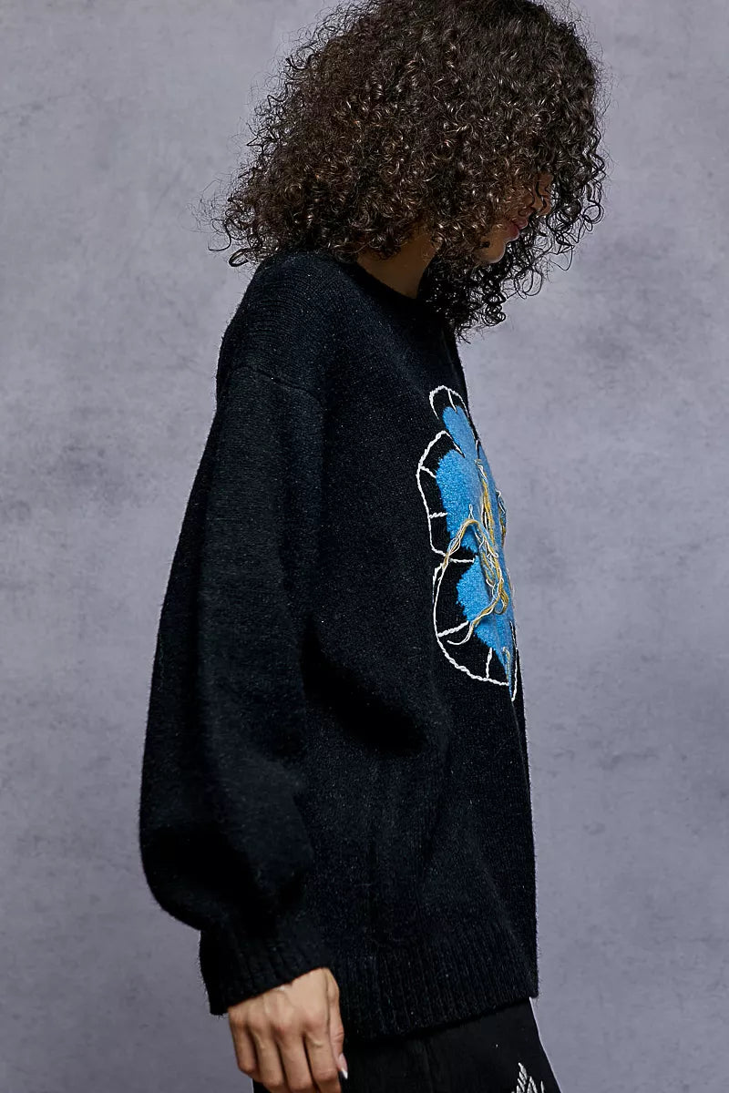 Floral Sweater with Exposed Stitching