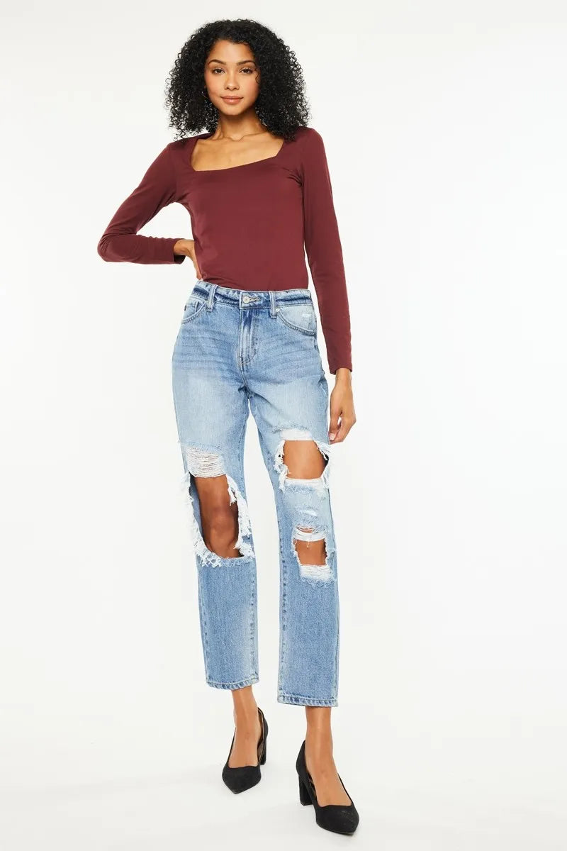 High Rise Distressed Boyfriend Jeans