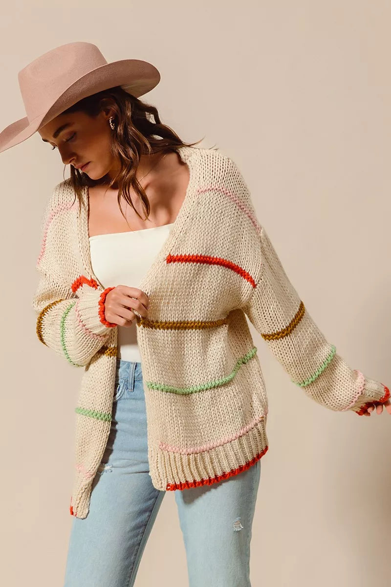 Loose Fit Multi Stripe Open Front Cardigan