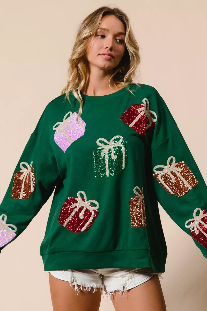 Sequin Christmas Gift Box Sweater
